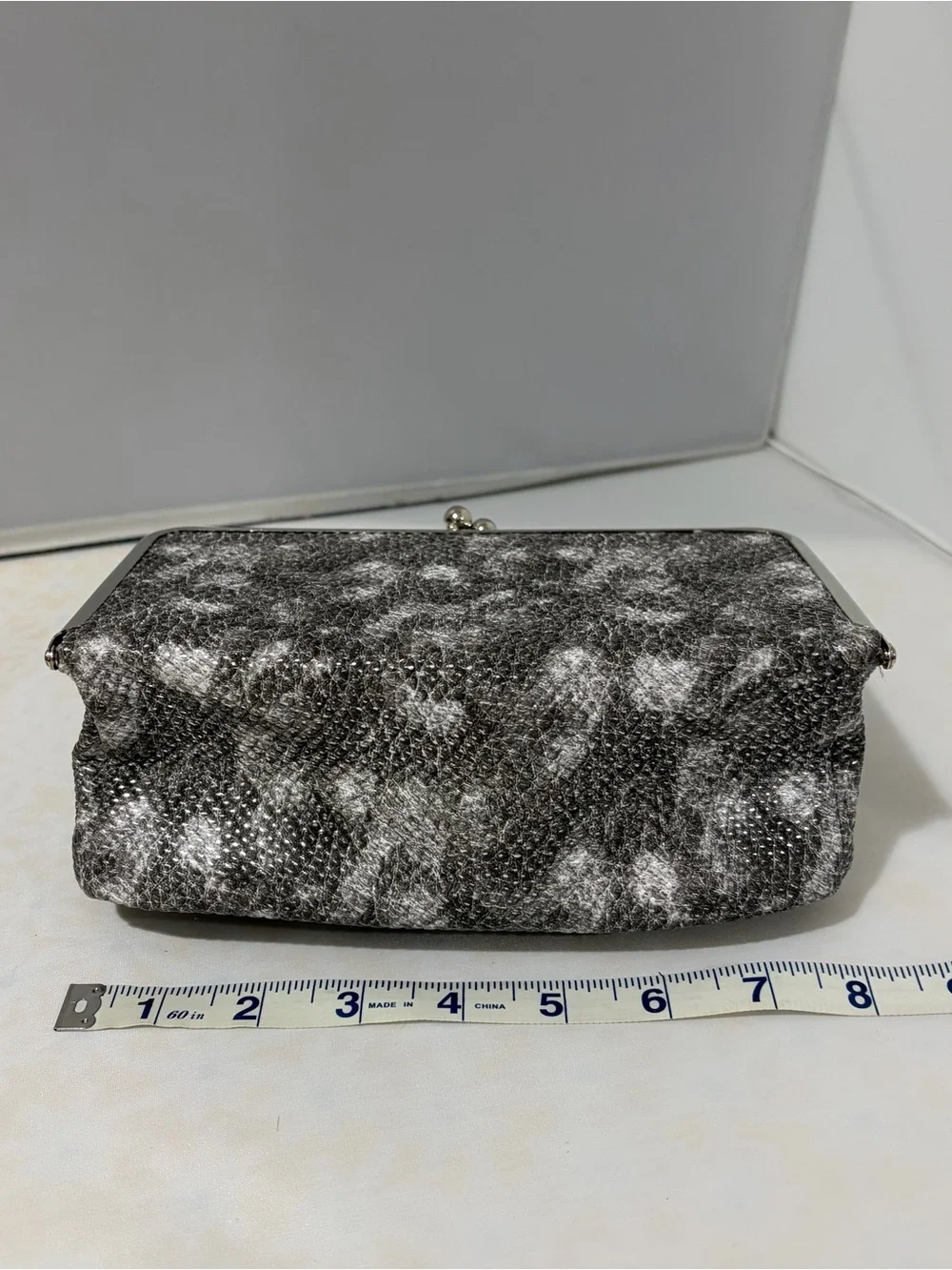 Elegant Gray Faux Snakeskin Cosmetic Case with Silver Frame